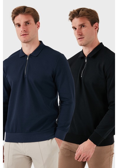 Buratti Pamuklu Regular Fit Yarım Fermuarlı 2'Li Paket Polo Yaka Erkek Sweat 5905789S2 Siyah-Indigo