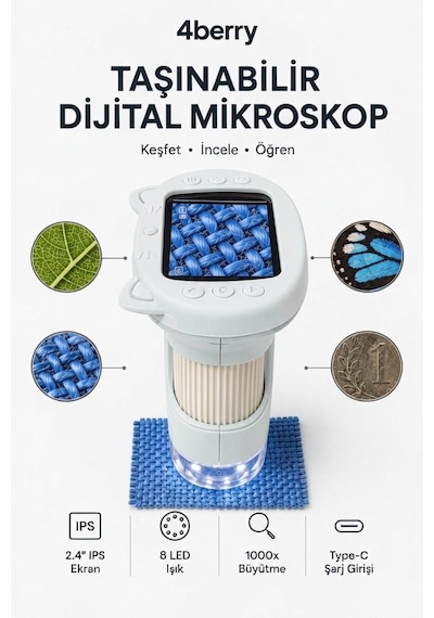 4berry Taşınabilir Fotoğraf Çekebilen Dijital Mikroskop 1000x 2.4 Ips Ekran, 2 Mp Kamera, 8 Led Işık, Type-c Şarjlı Beyaz