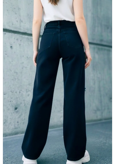 Woddi Bella Siyah Salaş Dizi Yırtık Rahat Kesim Palazzo Jeans Kot Pantolon