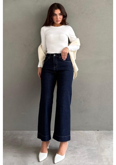 Lacivert Düz Kesim Geniş Paça Kadın Flared Jean Mg2630 Lacivert