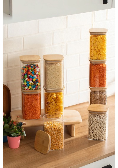 Porsima 6-3 Bambu Vakumlu Kapaklı Kare Borsilikat Cam 9lu Kavanoz Seti Saklama Kabı 1250ml 9,5x15cm Ahşap - Şeffaf