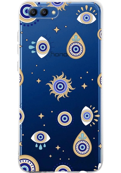 Huawei Honor View 10 İle Uyumlu 1mm Slim Fit Nazar Boncuğu 5 Baskılı Şeffaf Kılıf Şeffaf