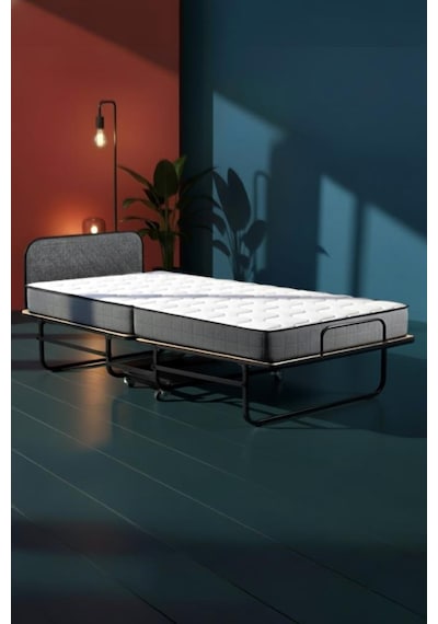 Niron Bonbon Katlanır Yatak 90x200 Cm Metal Karyola, Kapitoneli Metal Başlık, 14 Cm Sünger Yatak