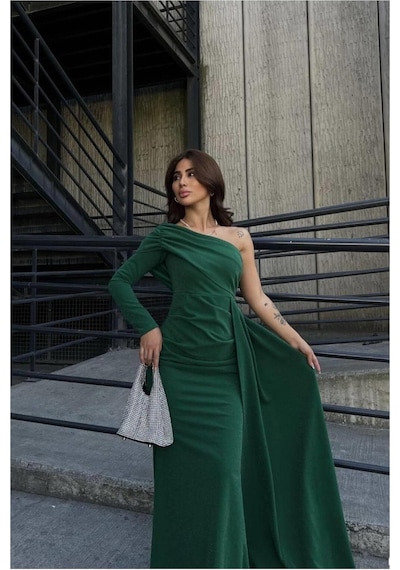 Lior Design Kadın Vintage Krep Kumaş Tek Omuz Kuyruklu Abiye Elbise Zümrüt