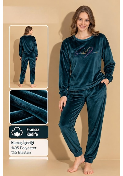 Boyraz Kadın Kışlık Fransız Kadife Bisiklet Yaka Uzun Kol Pijama Takımı 03408- 1 Adet Petrol Boyraz Kadın Kışlık Fransız Kadife Bisiklet Yaka Uzun Kol Pijama Takımı 03408- 1 Adet Petrol
