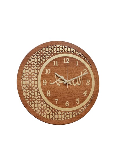 Ahşap Ve Aynalı Allah-muhammed Motifli Normal Rakamlı Duvar Saati Altın