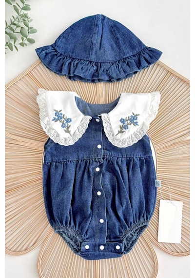 Cantoy Nakışlı Bebe Yaka Kot Bebek Tulumu Ve Şapka Takımı Koyu Mavi