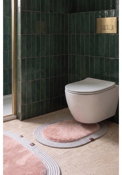 Banyo Paspası Takımı 60x100+40x60 Cm Düz Pembe & Gümüş