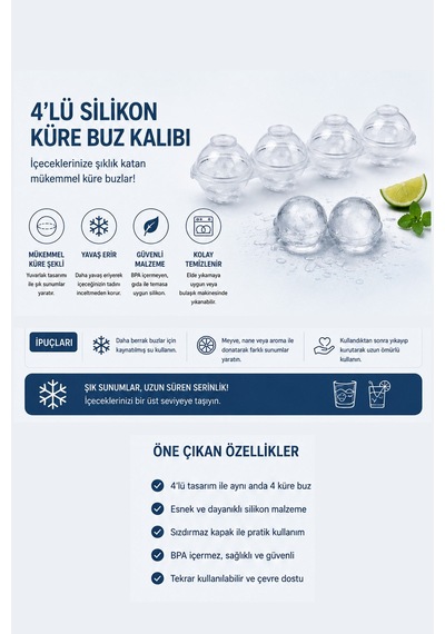 4'lü Şeffaf Küre Buz Kalıbı Yuvarlak Top Kalıbı Viski Kokteyl Kahve İçecekleri İçin Diğer