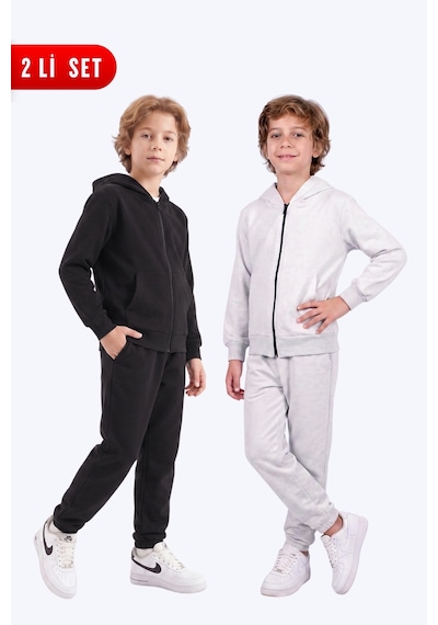 Panios Kids Erkek Çocuk 2'li Düz Basic Fermuarlı Kapüşonlu Çift Cepli Eşofman Takımı Siyah-gri