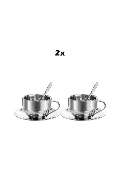 Çelik 2 Adet 3 Parça 180 Ml Çift Cidar Espresso Kahve Fincan Set Sunum Bardağı Gri