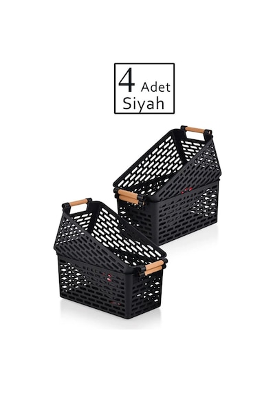 4 Adet - Çok Amaçlı Plastik Tutacaklı Organizer Sepet Dolap Içi Çekmece Düzenleyici Siyah