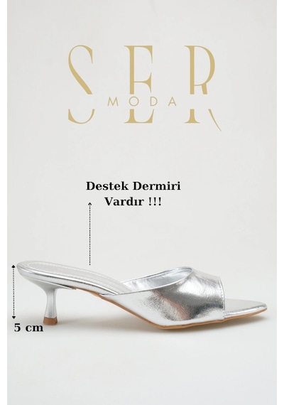 Sermoda Topuklu Kadın Terlik - 5 Cm İnce Topuklu Sivri Burun Kadın Terlik Gümüş Yanki