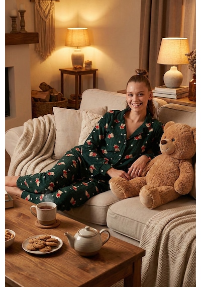 Lela Standart Fit Düğmeli Polarlı Bayan Pijama Takımı 6095615 Yeşil