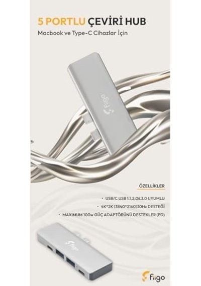 Fiigo Macbook Ve Type-c Cihazlar İçin 5 Portlu Hub