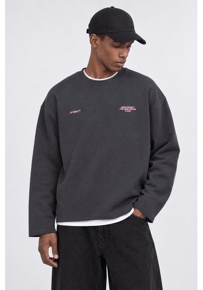 Respire Erkek Cake Baskılı Pis Dikiş Detaylı Oversize Sweatshirt Füme