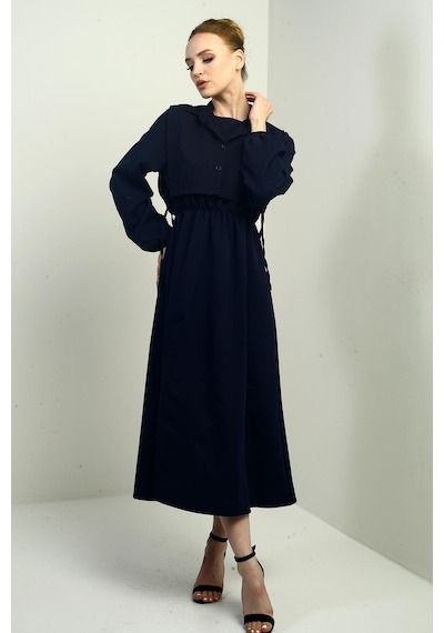 By Saygı Kadın Düğmeli Çıkma Yelekli Beli Lastikli Uzun Kollu Midi Elbise-40656 Lacivert By Saygı Kadın Düğmeli Çıkma Yelekli Beli Lastikli Uzun Kollu Midi Elbise-40656 Lacivert
