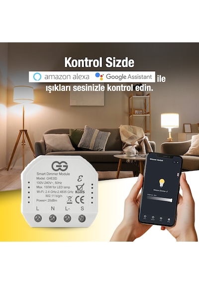 Günsan Akıllı Wifi Nötrlü Dimmer Röle 150w Işık Ayarlı Anahtar Modülü Tuya & Smart Life Uyumlu