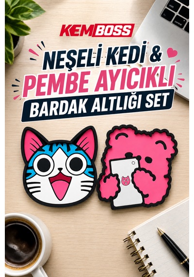 Kemboss Happy Kedi Ve Pembe Ayıcık Bardak Altlığı Seti 4'lü - Pvc Kaydırmaz Bardak Altlığı 2 Happy Kedi + 2 Pembe Ayıcık Çok Renkli