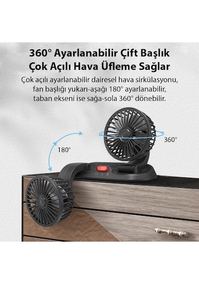 Ally F410 Usb Çift Başlıklı Araç Fanı Oto Fan Vantilatör Ve Numaratör, Siyah