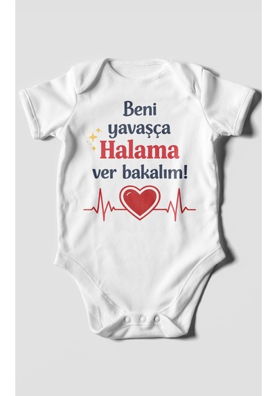 Morivokids Beni Yavaşça Halama Ver Bakalım Kısa Kollu Bebek Body %100 Pamuk Beyaz