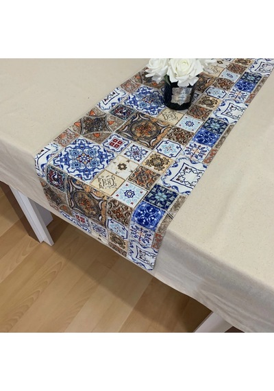 Etnik Desenli Runner, Duck Kumaş Runner, Su Ve Leke İtici Dayanıklı, Modern Tasarım 40x145 Cm Çok Renkli