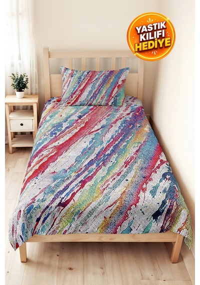 Renkli Modern Genç Odası Tek Kişilik Pike Takımı - Soyut Mavi Pembe 160x220 Cm Kapitone Yatak Örtüsü Kırsal Nehir Pususu