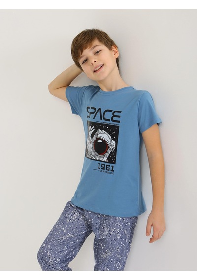 Vitmo Erkek Çocuk Kısa Kollu %100 Pamuklu Pijama Takımı Go Space Koyu Mavi