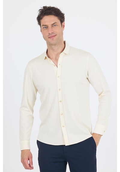 İmza Açık Krem Uzun Kol Düz Örme Polo Yaka Cepsiz Esnek Classic Slim Fit Gömlek 1004250153 650 Açık Krem