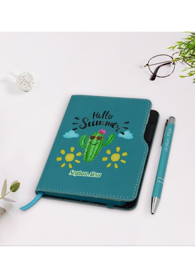 Kişiye Özel Kaktüs Tasarımlı Turkuaz Termo Deri Defter Kalem Seti N11.2148