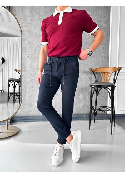 Modefendi İp Ve Düğme Detaylı %100 Gofre Kumaş Jogger Pantolon Lacivert