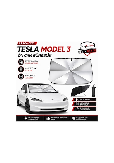 Tesla Model 3 Şemsiye Tip Ön Cam Güneşliği Katlanabilir Uv Korumalı Araç Cam Güneşlik