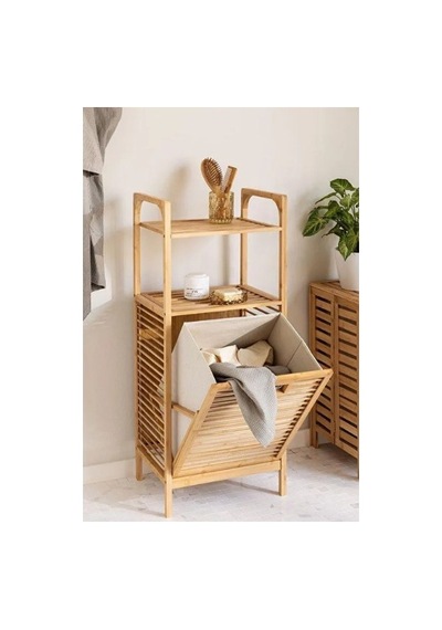 Premium Düzenleme Çözümü Banyo Rafı Çamaşır Dolabı 2 Organizer Raflı Ahşap Bambu Çek-aç Kirli Sepeti Çok Renkli