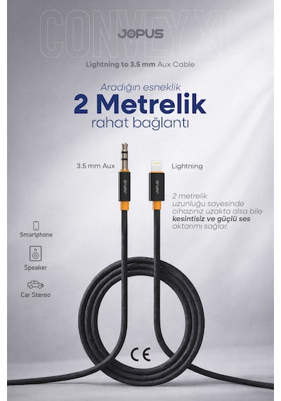 Jopus İphone 7-8-x-11-12-13-14 Uyumlu Lightning 3.5mm Örgülü Aux Ses Kablosu Stereo Destekli 2 Metre Ja-13