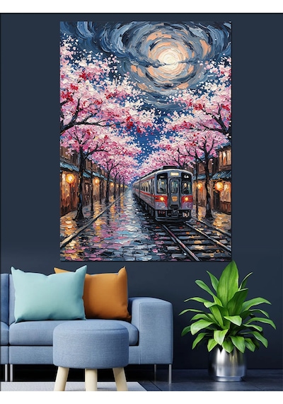 Ahşap Tablo Ay Işığı Yansımalı Kiraz Çiçekli Sokakta Tramvay