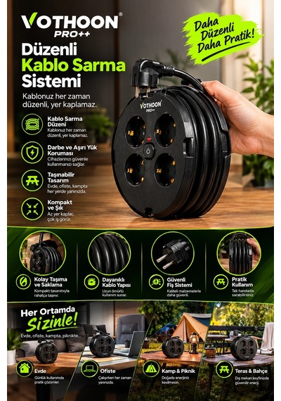 4 Lü Priz Makarası 2 Metre Kablolu, 2 Usb-a + 2 Usb-c Şarj Çıkışlı, Açma/kapama Düğmeli, 2200w 10a 0
