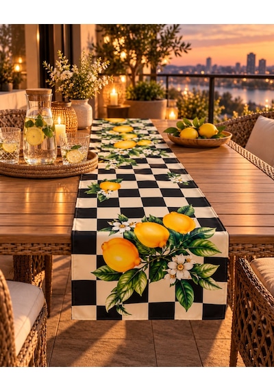 Siyah Beyaz Damalı Limon Desenli 45x140cm Masa Runnerı Çok Renkli