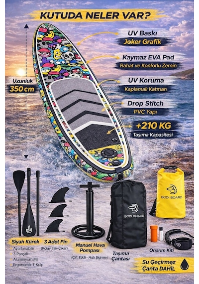 Paddle Board Sup Bodi Emoji Head Şişme Stand 350x84x15cm Full Set