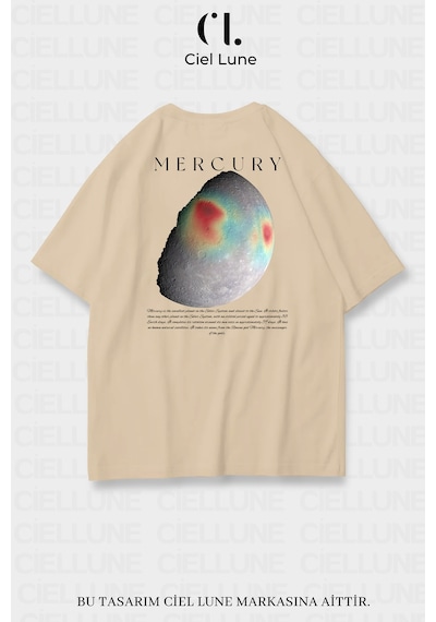 Nevermind Unisex Kadın Erkek Merkür Baskılı Özel Tasarım Oversize Bej