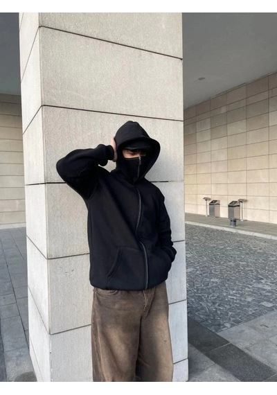 Efnaz Style Samuray Ninja Çift Kapşonlu Zıp Fermuarlı Kanguru Çepli Tam Fermuarlı Hoodie Swetshirt - Siyah