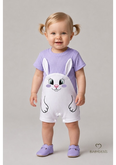 Babyden's Tavşan Figürlü Kız Bebek Şortlu Tulum %100 Pamuk Yazlık Tulum Günlük Bebek Tulumu 0-9 Ay Lila