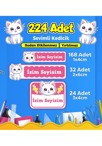 Sevimli Kedi Temalı Okul Kreş Kişiye Özel İsim Etiket Seti - Model 357 Çok Renkli