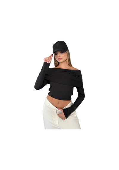 Kechi Woman Dalgıç Kumaş Madonna Yaka Beyaz Crop Siyah
