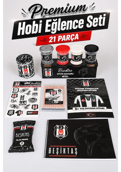 X Dekomus Lisanslı Beşiktaş 21 Parça Premium Hobi Eğlence Seti Boyama Kitabı,oyun Hamuru,kuru Boya Altın