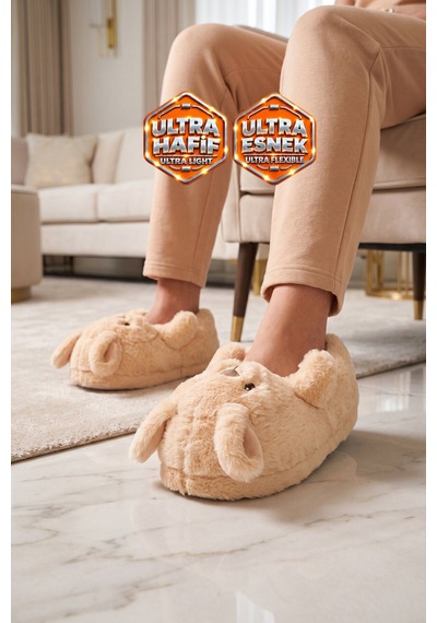 Ayakmod Akınalbella Sıcak Tutan Tavşan Desenli Bej Unisex Ev Terliği Panduf H025.z.0001