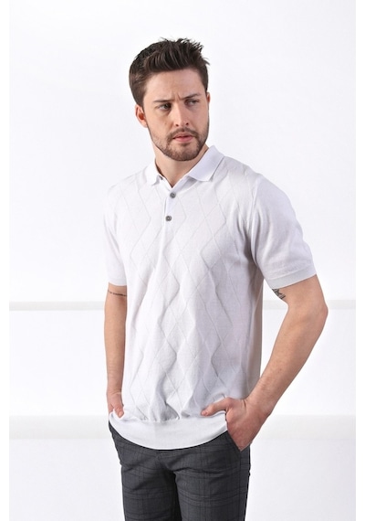 Ferraro Beyaz Polo Yaka Baklava Desen Erkek Pamuk Triko T-Shirt-Beyaz