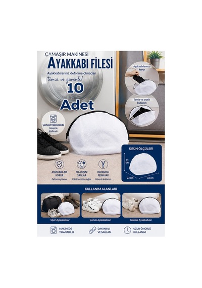 Porsima 3153 10lu Çamaşır Yıkama Filesi Fermuarlı Ayakkabı Yıkama Filesi Deforme Önleyici Torba File 23x33cm Beyaz