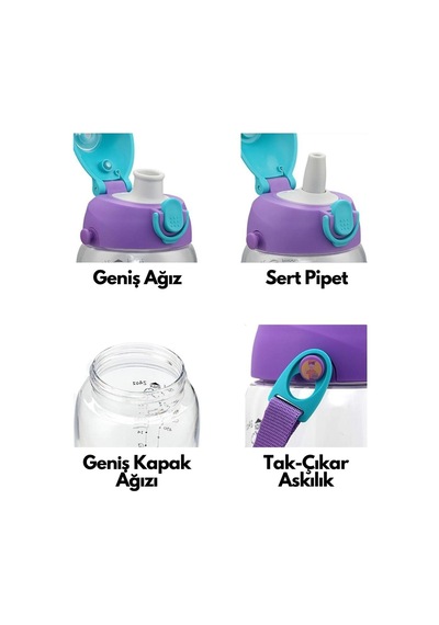 480ml Kılıflı 2 Ayrı Kapaklı Pipetli/pipetsiz Tritan Çocuk Su Matarası Mor-yavruağzı Diğer