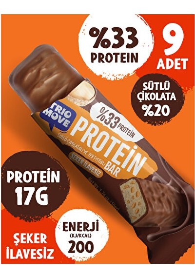 Trio Move Yer Fıstıklı Ve Sütlü Çikolatalı, %33 Protein, Protein Bar 9 x 50 G