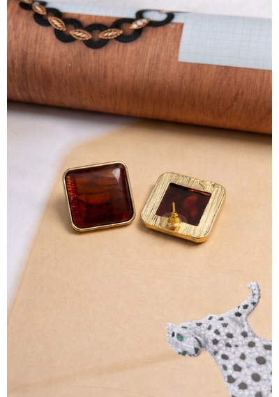 Lunarie Vintage Kare Tortoise Desenli Küpe Vıp Seri Amber Kahve Kahverengi